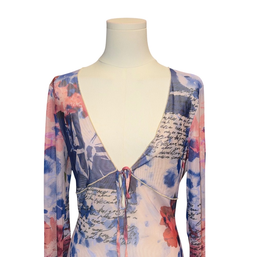 Tiger Mist Mini Dress Womens L Pink Blue Excellent Mesh Floral Script V-Neck Tie - Picture 2 of 9